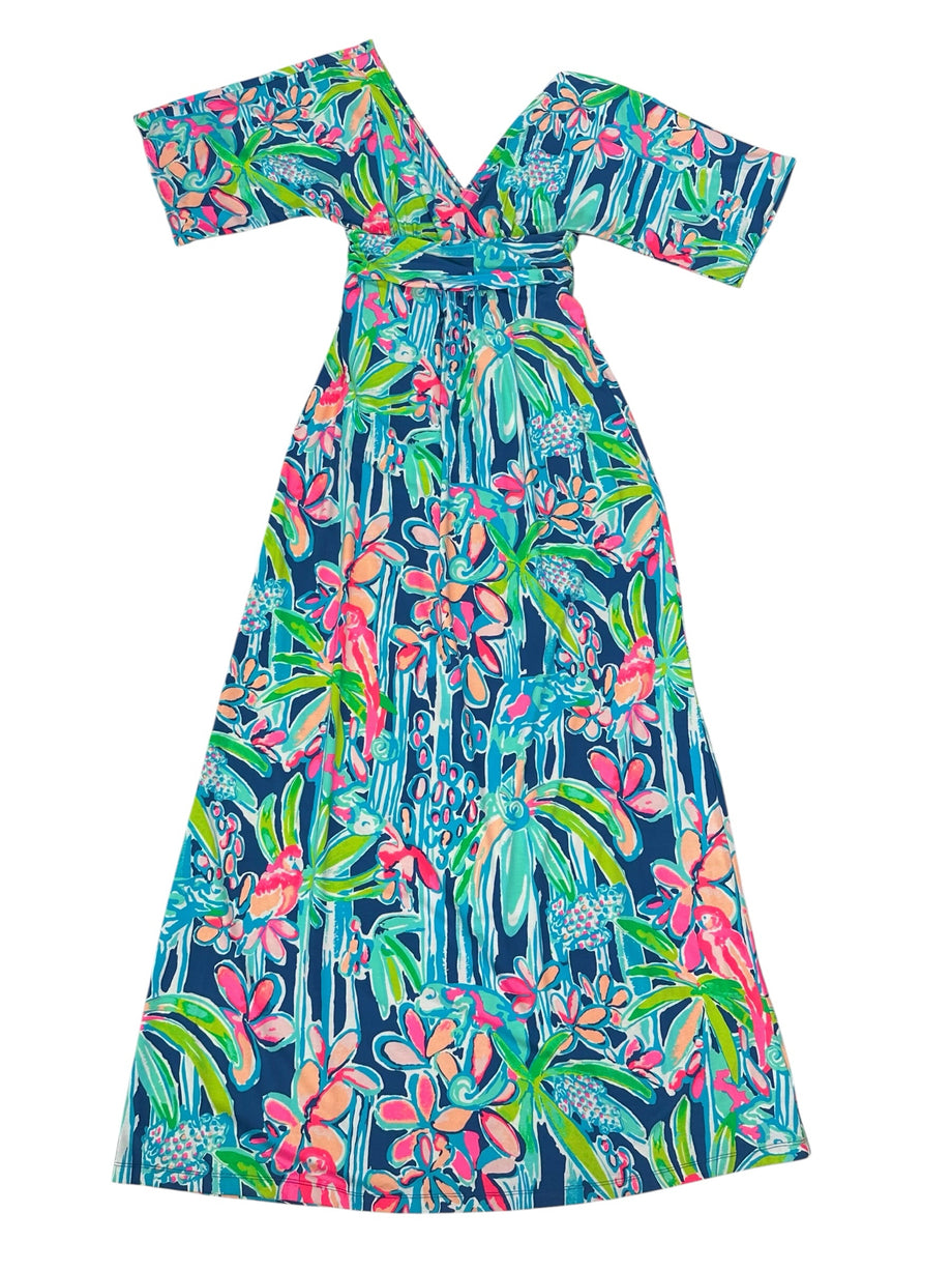 LILLY PULITZER Size S MULTI COLORS DRESS MAXI AQUA NAVY CORAL HOT PINK PARROTS